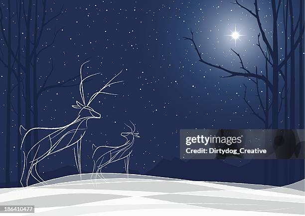 stockillustraties, clipart, cartoons en iconen met stylized reindeer family in the snow with north star - sneeuw