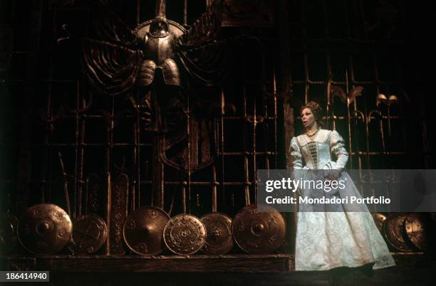 Italian soprano Mirella Freni as Desdemona singing in the opera Otello staged at La Scala Theatre. The opera is directed by Italian director and...