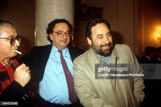 The socialist politician Gianni De Michelis, in the middle, together with Ottaviano Del Turco, a trade unionist of the CGIL, on the right, and a a...