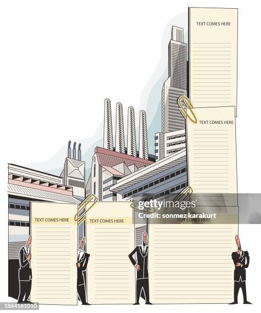 notice boards businessmen factories companies buildings economic indicators - ipo stock illustrations