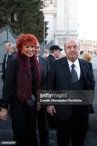 Italian actor and comedian Lino Banfi smiling with Italian writer and singer Maria Scicolone . Lino and Lucia Banfi celebrated their 50th wedding...