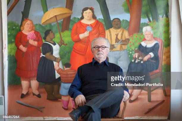 Colombian painter and sculptor Fernando Botero sitting in his studio in front of a painting depicting a group in a garden. Monte Carlo, 15th March...