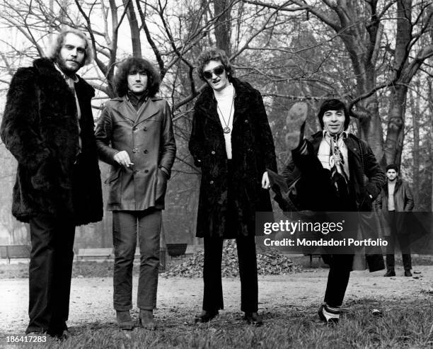 The Italian music band Equipe 84 in the heart of Parco Sempione in Milan; from left to right: Victor Sogliani , Franco Ceccarelli , Maurizio Vandelli...