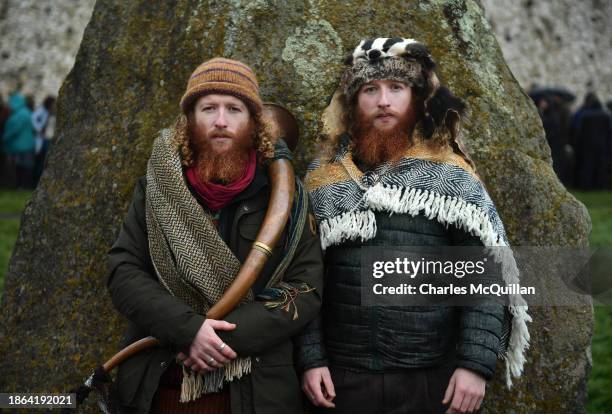 Twin borthers Dean and Keith Stapleton pose for a photograph during the Winter Solstice at Newgrange on December 21, 2023 in Newgrange, Ireland....