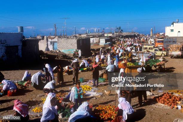 Palestinian men and women buying and selling fruit and vegetables in a market in a refugee camp. Since the Six-Day War in 1967 Jewish Israeli people...