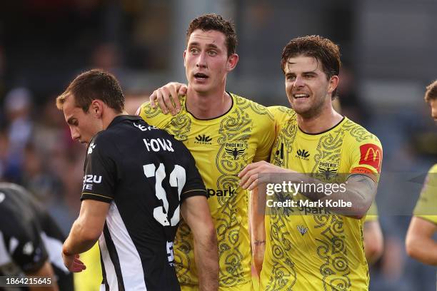 Bozhidar Kraev of the Phoenix celebrates with Alex Rufer of the Phoenix after scoring a goal during the A-League Men round eight match between...