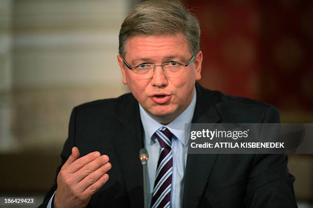 European Commissioner for Enlargement and European Neighbourhood Policy Stefan Fuele answers a journalist's question during a press conference at the...