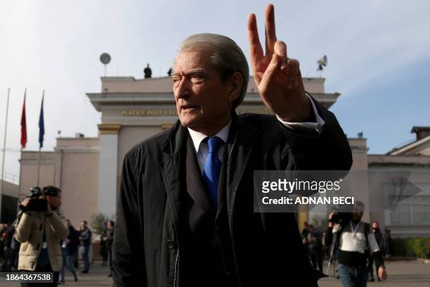 Albanian opposition leader and former prime minister Sali Berisha gestures after a parliamentary session in Tirana on December 21, 2023. The Albanian...