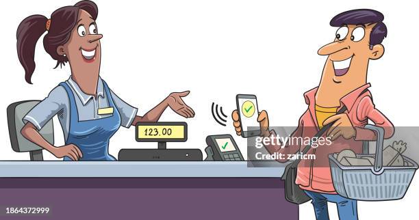 stockillustraties, clipart, cartoons en iconen met contactless payment credit card grocery - tikken en betalen