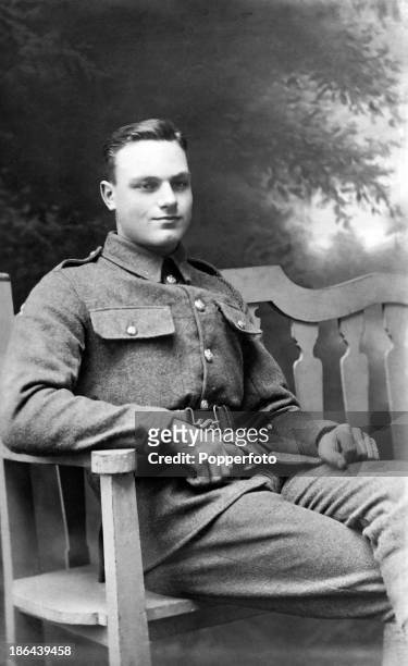 Studio portrait featuring Private Edward Hurst of the 22nd Regiment Manchester Regiment, taken in Penge, circa 1915. He was killed at the Battle of...
