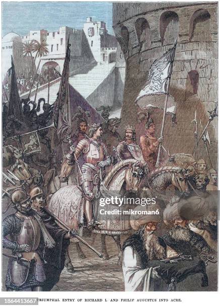 old engraved illustration of triumphal entry of richard i of england  (richard cœur de lion or richard the lionheart) and philip augustus into acre - prinses stock pictures, royalty-free photos & images