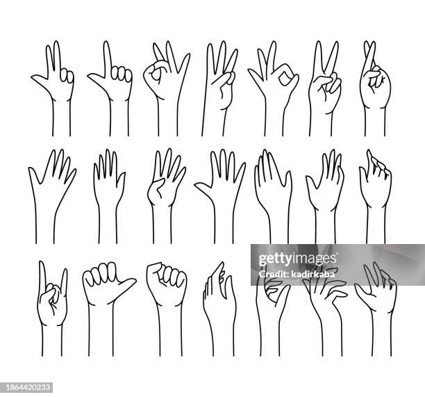 stockillustraties, clipart, cartoons en iconen met hand gestures line icon set design. - grijpen