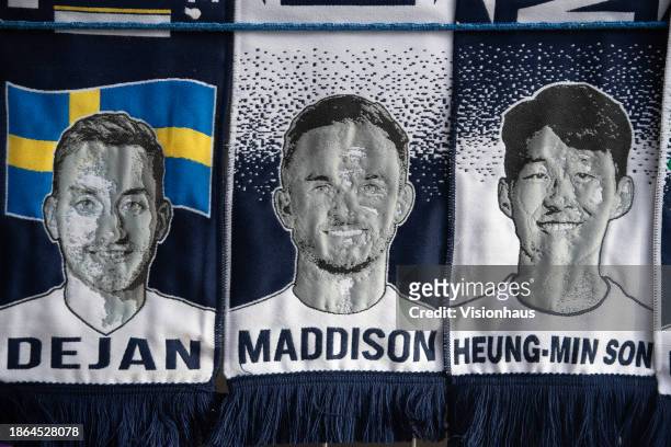 Scarves featuring Tottenham players Dejan Kulusevski, James Maddison and Son Heung-min prior to the Premier League match between Tottenham Hotspur...