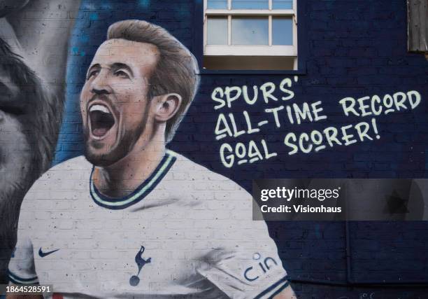 Exterior of Tottenham Hotspur Stadium showing a Harry Kane mural prior to the Premier League match between Tottenham Hotspur and Chelsea FC at...