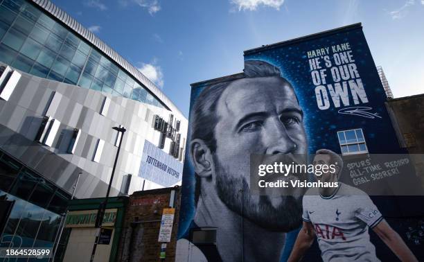Exterior of Tottenham Hotspur Stadium showing a Harry Kane mural prior to the Premier League match between Tottenham Hotspur and Chelsea FC at...