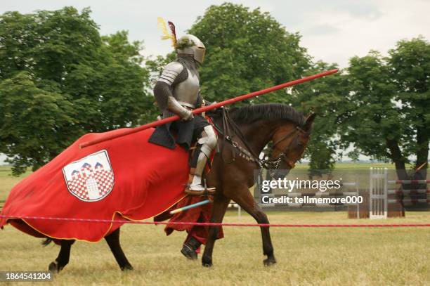 chevalier à cheval en armure. une exposition d’un groupe de reconstitution historique au haras de michałów, en pologne. - casque de protection au sport photos et images de collection
