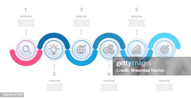 ilustrações de stock, clip art, desenhos animados e ícones de six steps infographic design. information chart in flat design in hexagon shape, isolated on white background - 6 steps