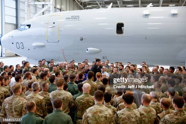 British Prime Minister Rishi Sunak speaks to soldiers at the RAF Lossiemouth in Moray on December 18, 2023 in Lossiemouth, Scotland. The Prime...