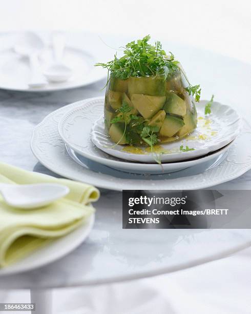 plate of avocado jelly with micro herbs - avacado oil stock pictures, royalty-free photos & images