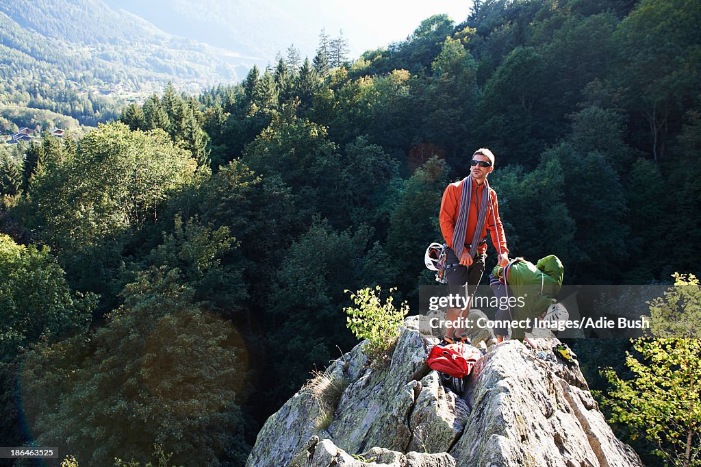 Two rock climbers on rocks, Chamonix, Haute Savoie, France