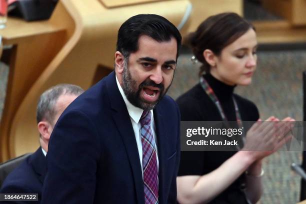 First Minister Humza Yousaf speaking during the last session of First Minister's Questions in the Scottish Parliament before the Christmas recess, on...