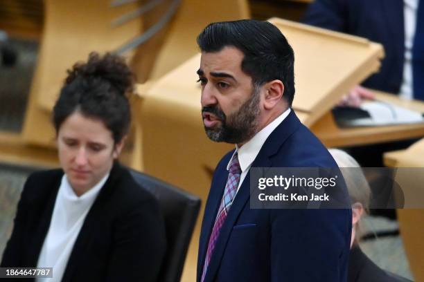 First Minister Humza Yousaf speaking during the last session of First Minister's Questions in the Scottish Parliament before the Christmas recess, on...