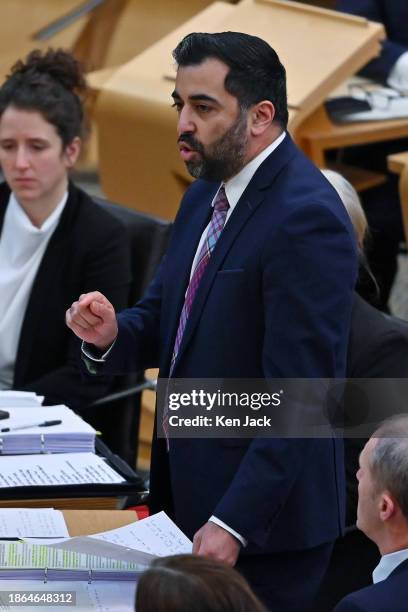 First Minister Humza Yousaf speaking during the last session of First Minister's Questions in the Scottish Parliament before the Christmas recess, on...