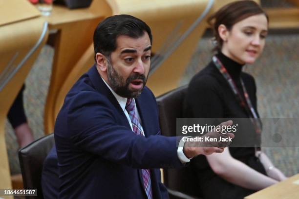 First Minister Humza Yousaf speaking during the last session of First Minister's Questions in the Scottish Parliament before the Christmas recess, on...