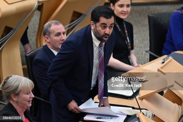 First Minister Humza Yousaf speaking during the last session of First Minister's Questions in the Scottish Parliament before the Christmas recess, on...