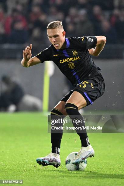 Ludwig Augustinsson of Anderlecht pictured in action with the ball during a football game between Royal Antwerp FC and RSC Anderlecht on match day 18...