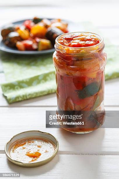 jar of ratatouille on table, close up - ratatuia foto e immagini stock