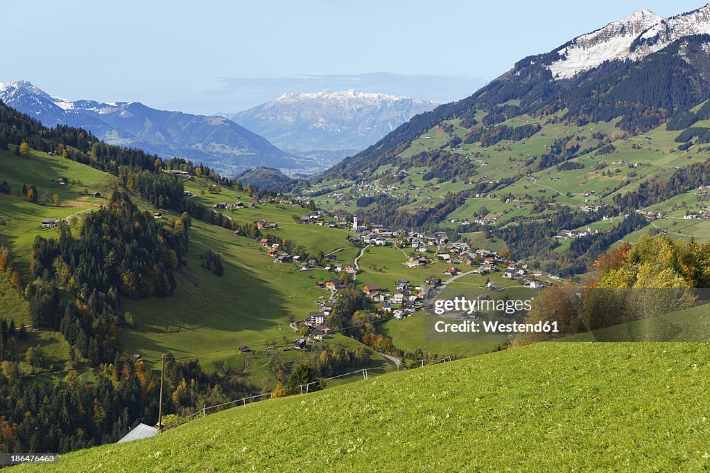 Austria, Vorarlberg, View of Raggal village from Marul in Great Walser Valley