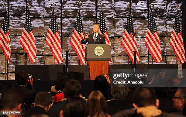 President Barack Obama speaks at the SelectUSA Investment Summit on October 31, 2013 in Washington, DC. US President Barack Obama addresses...