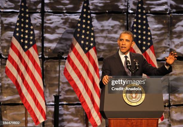 President Barack Obama speaks at the SelectUSA Investment Summit on October 31, 2013 in Washington, DC. US President Barack Obama addresses...