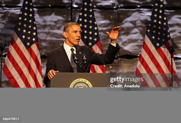 President Barack Obama speaks at the SelectUSA Investment Summit on October 31, 2013 in Washington, DC. US President Barack Obama addresses...