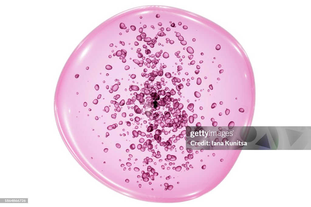 Pink liquid drops on white background. Bacteria, cells, molecules view in a microscope. Close-up. 3D illustration. Healthcare and medicine.