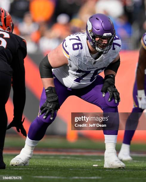 David Quessenberry of the Minnesota Vikings plays during a NFL football game against the Cincinnati Bengals at Paycor Stadium on December 16, 2023 in...