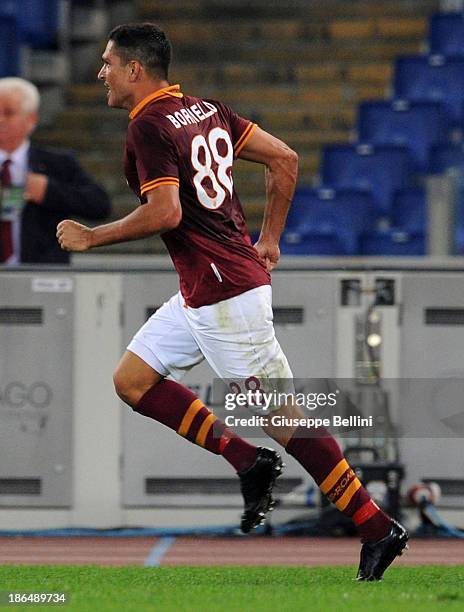 Marco Borriello of Roma celebrates after scoring the opening goal during the Serie A match between AS Roma and AC Chievo Verona at Stadio Olimpico on...