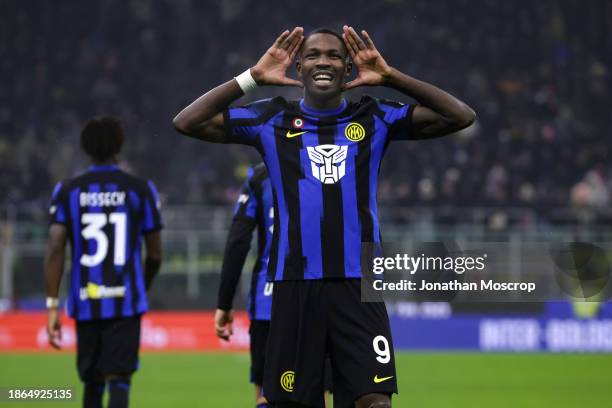 Marcus Thuram of FC Internazionale celebrates after scoring to give the side a 3-0 lead during the Serie A TIM match between FC Internazionale and...