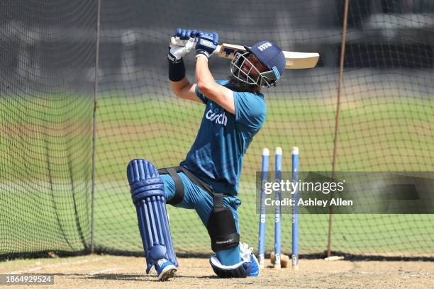 Moeen Ali of England bats during an England Net Session ahead of the 4th T20 International at Queens Park Oval on December 18, 2023 in Port of Spain,...