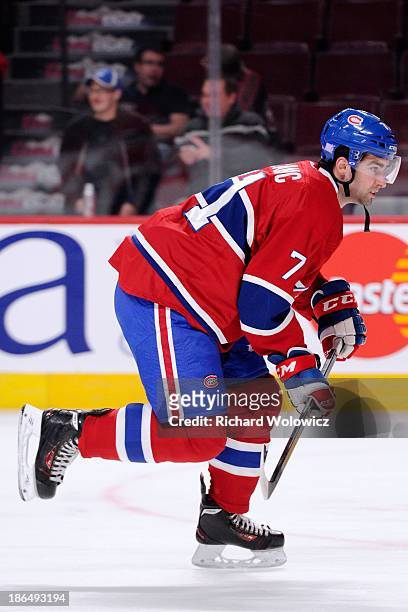 Louis Leblanc of the Montreal Canadiens skates during the warm up period prior to facing the Dallas Stars in their NHL game at the Bell Centre on...