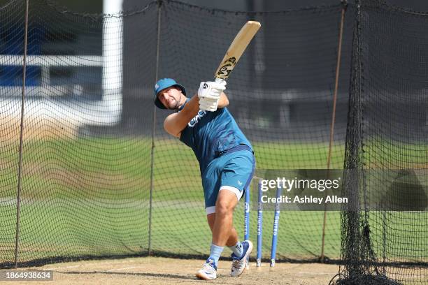 Liam Livingstone of England practices range-hitting during an England Net Session ahead of the 4th T20 International at Queens Park Oval on December...