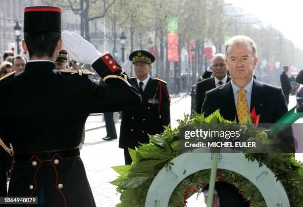 Portugal's President Jorge Sampaio lays a wreath at the Tomb of the Unknown Soldier at the Arc de Triomphe in Paris 12 April 2005. Sampaio is in...