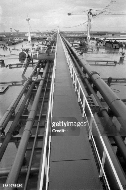 Picture taken on August 7, 1977 of the deck of the supertanker "Pierre Guillaumat", built by Chantiers de l'Atlantique for the Compagnie nationale de...