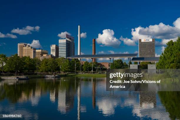 Pond reflection view of Birmingham skyline in Alabama.