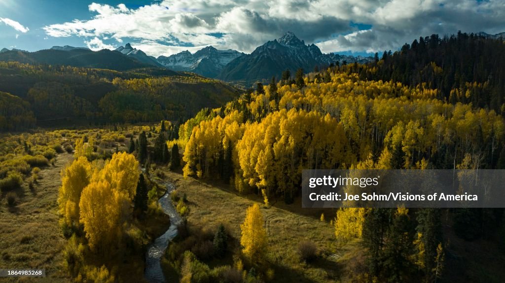 Autumn aspen view of San Juan Mountains towards Mt. Sneffels on Dallas Divide