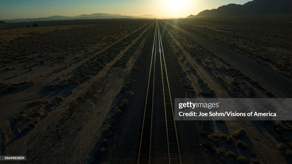 Sunrise over Interstate 40 as seen from air in desert in Southern California as seen from air in desert