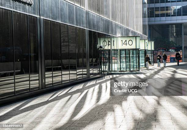 Office building entrance and plaza, 140 Broadway, New York City, New York, USA.