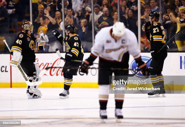Tuukka Rask of the Boston Bruins is congratulated by teammate Torey Krug of the Boston Bruins after their 3-2 win in an overtime shootout against the...