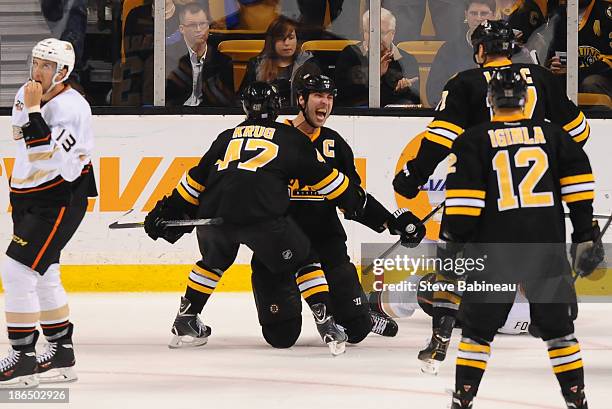 Zdeno Chara of the Boston Bruins celebrates a goal against the Anaheim Ducks at the TD Garden on October 31, 2013 in Boston, Massachusetts.